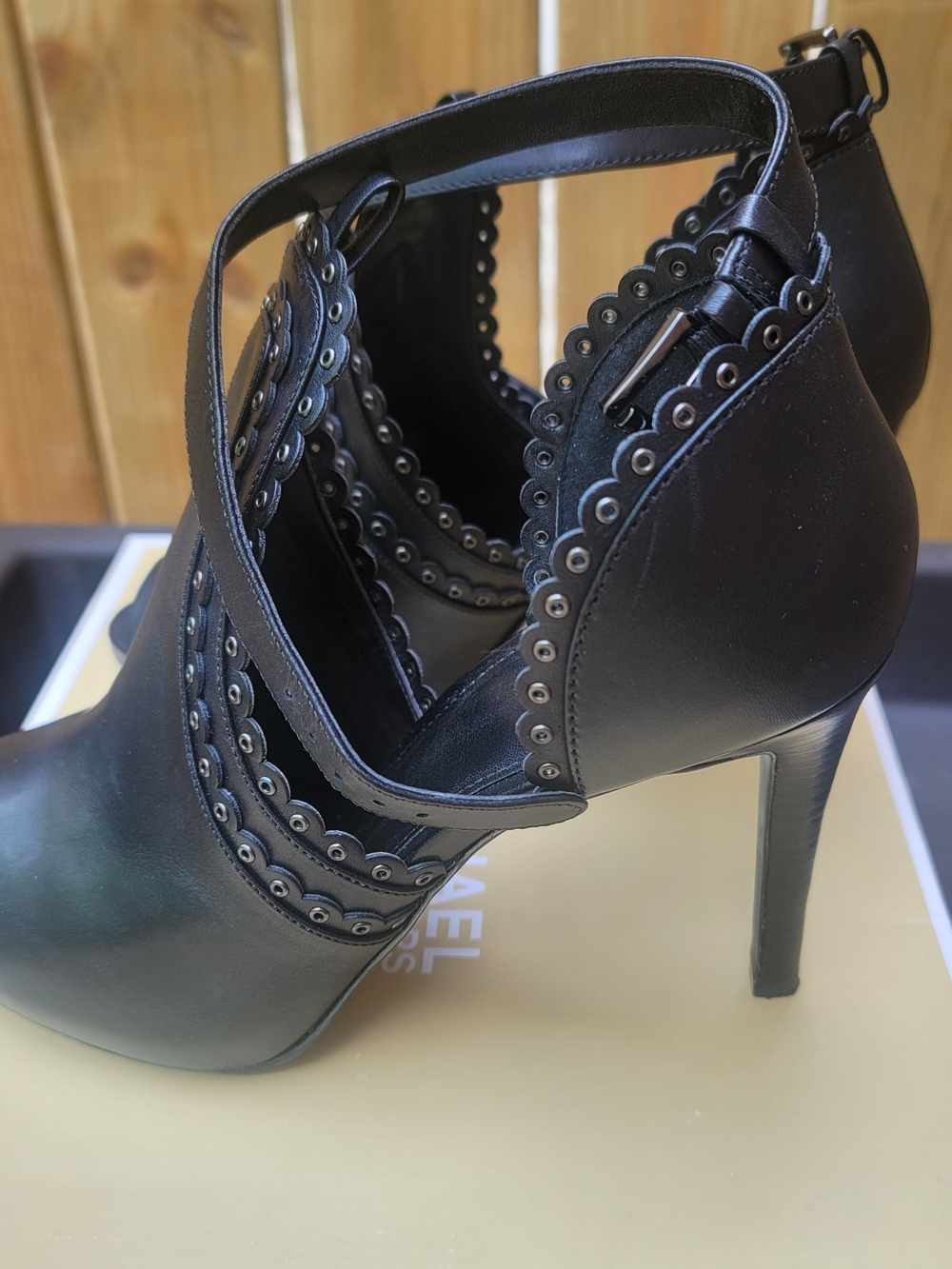 Michael Kors Jessie Open Toe Booties Black Leather Studded Heels Size 10M